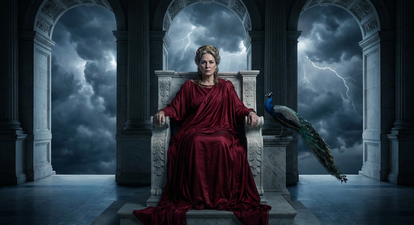 Hera seated on a marble throne in a high Olympian hall, wearing a gold diadem and deep crimson robes, a peacock nearby, her expression controlled but furious, stormlight spilling through columns, cinematic painterly realistic myth drama
