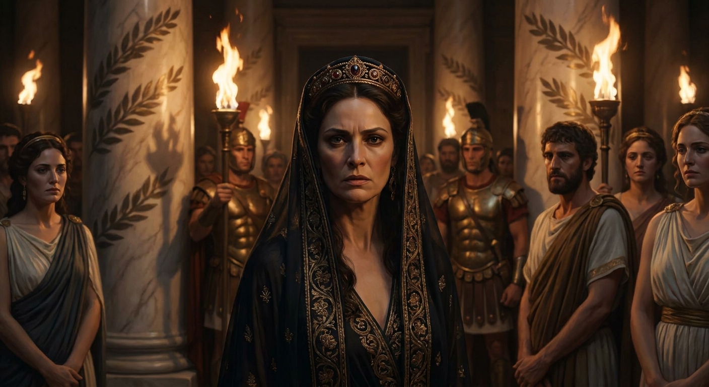 Hera standing in a crowded Olympian court, adult gods watching, marble columns and laurel shadows, Hera’s expression controlled but furious, jeweled diadem and veil, dramatic torchlight reflecting off bronze armor nearby