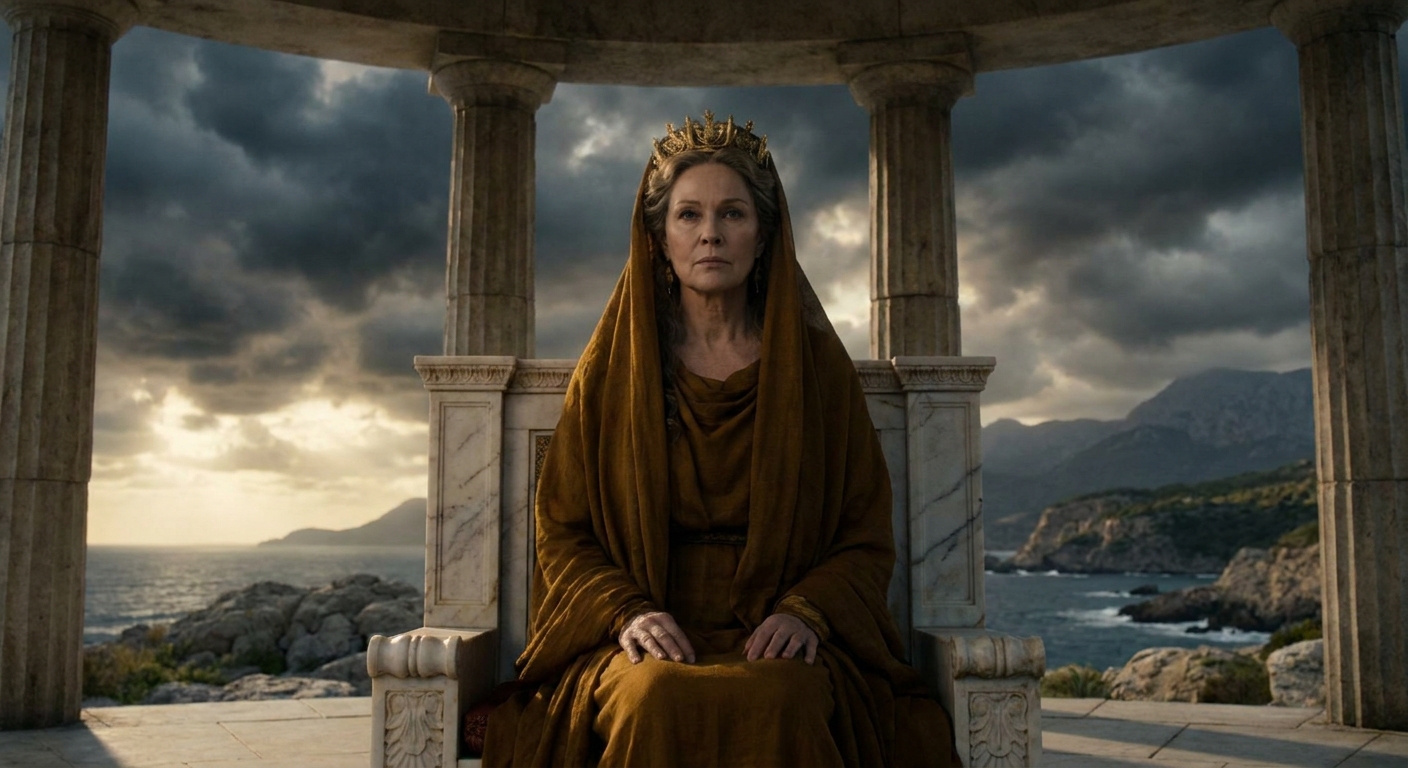 Hera, the adult Queen of Olympus, seated on a marble throne beneath a columned temple portico, wearing a crown and a deep saffron veil, her expression controlled and severe while storm light gathers behind her, cinematic realism, ancient Greek setting
