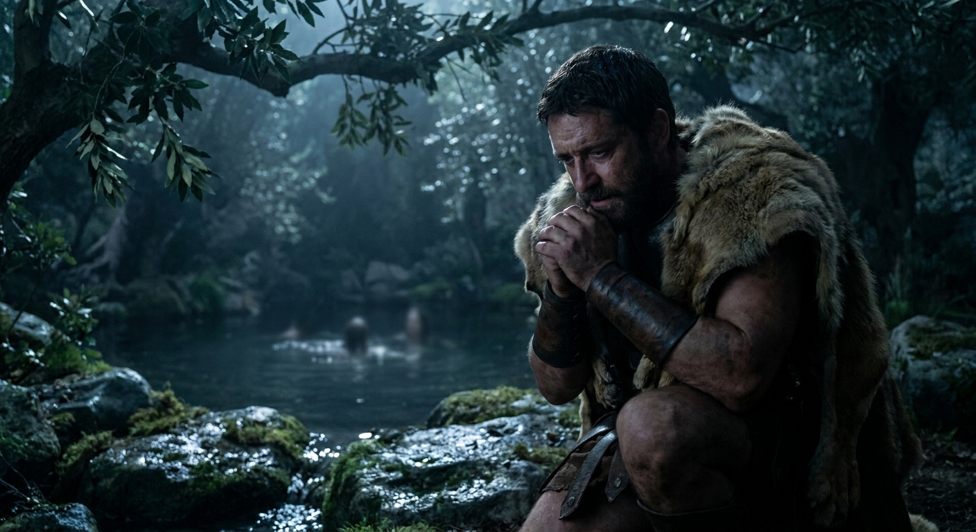 Heracles, a powerful adult hero with lion-skin cloak and grief-strained face, kneeling by a moonlit forest spring while distant water ripples hint at nymphs, cinematic lighting with wet stone and laurel shadows