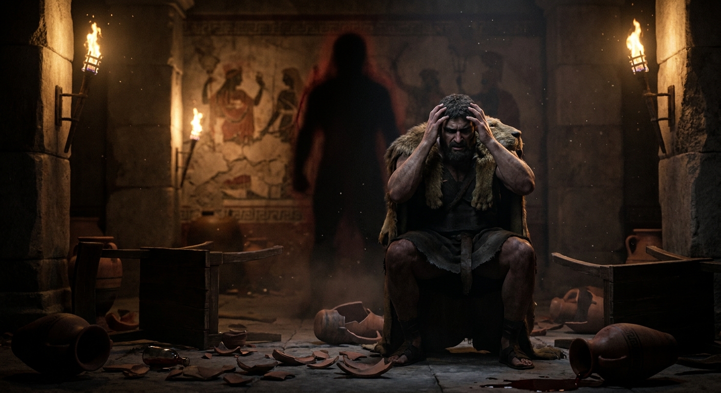 Heracles, adult and muscular, in a torchlit hall with shattered pottery and overturned chairs, clutching his head in horror as a shadowy divine presence suggests Hera’s curse, cinematic realism with intense emotion