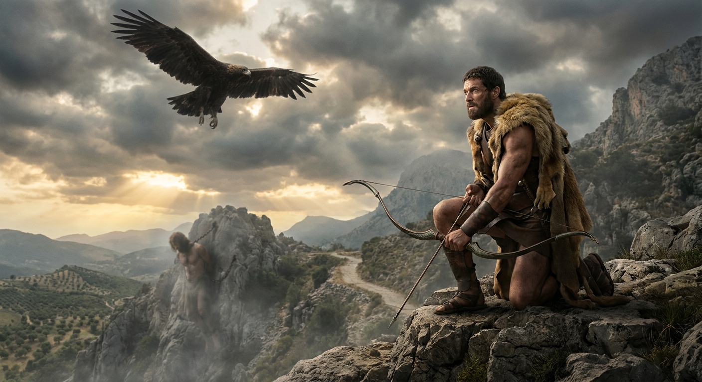 Heracles, an adult hero with a lion-skin cloak and bronze bow, standing on a rocky mountain ledge as he aims at a massive eagle above Prometheus' chains, dawn light breaking through storm clouds, cinematic realism