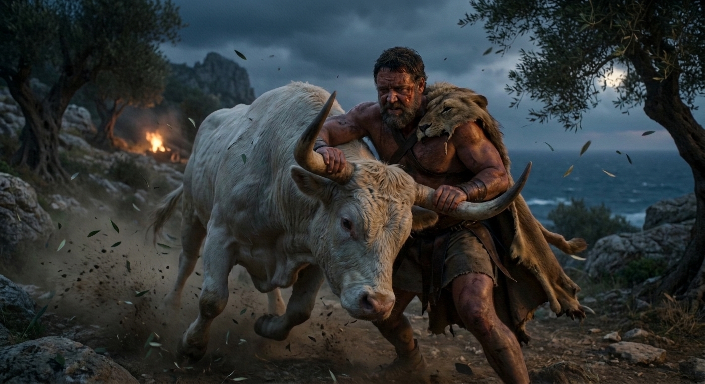 Heracles, muscular and battle worn, gripping the horns of a massive bull on a windy Cretan hillside as dust and olive leaves whip around them