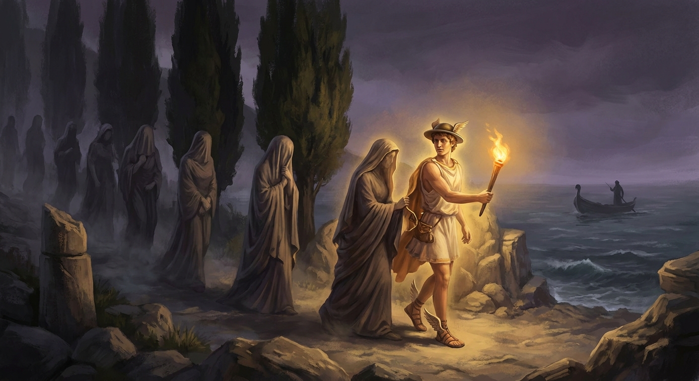 Hermes as Psychopompos guiding veiled adult souls with a torch beside the River Styx, underworld cypress shadows, distant ferry and dark waters, divine glow and ancient Greek atmosphere