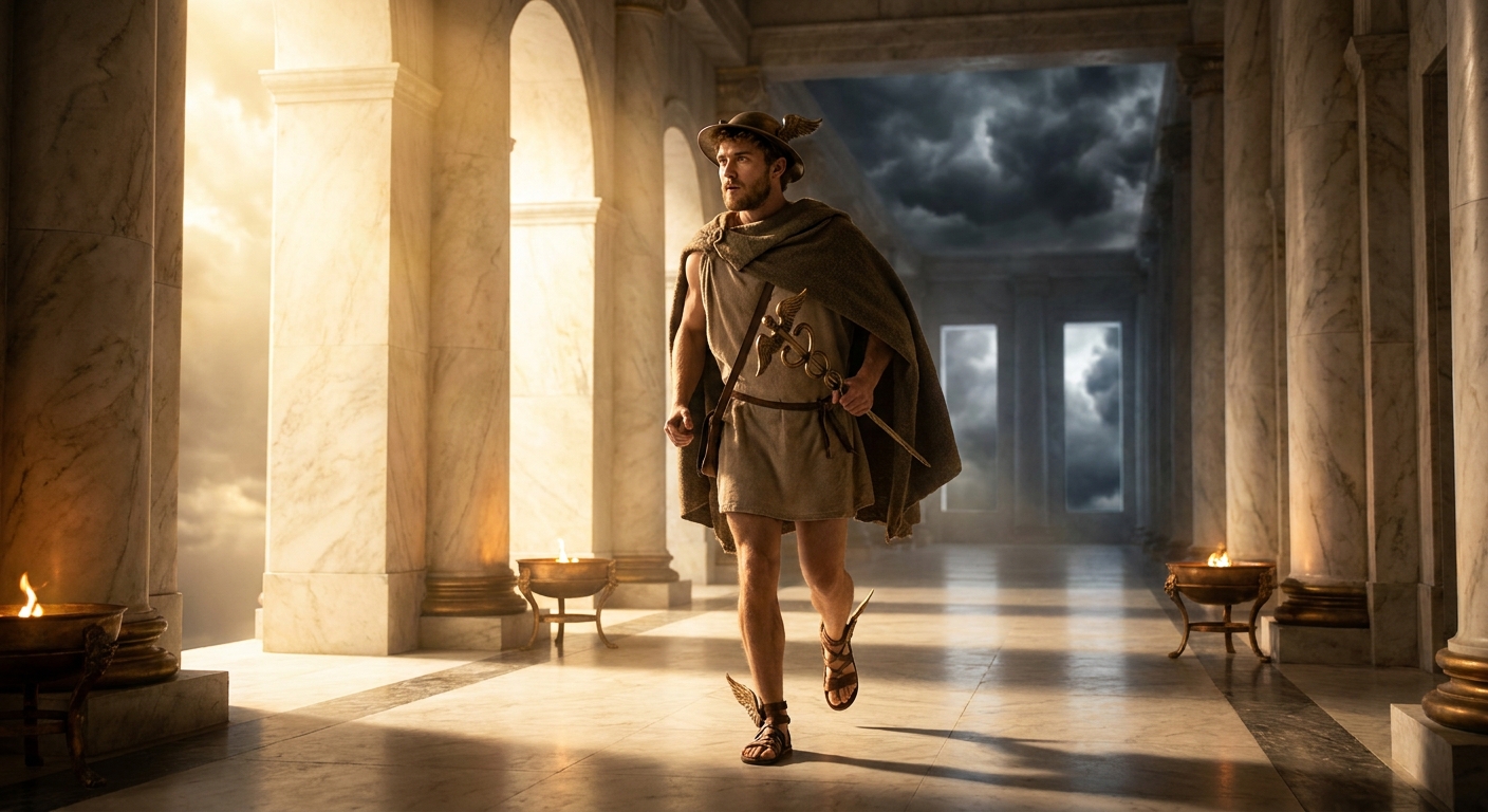 Hermes as a handsome young god with winged sandals and a traveler’s cloak, striding through a marble corridor of Olympus with urgent purpose, golden light and distant storm clouds, cinematic shallow depth of field