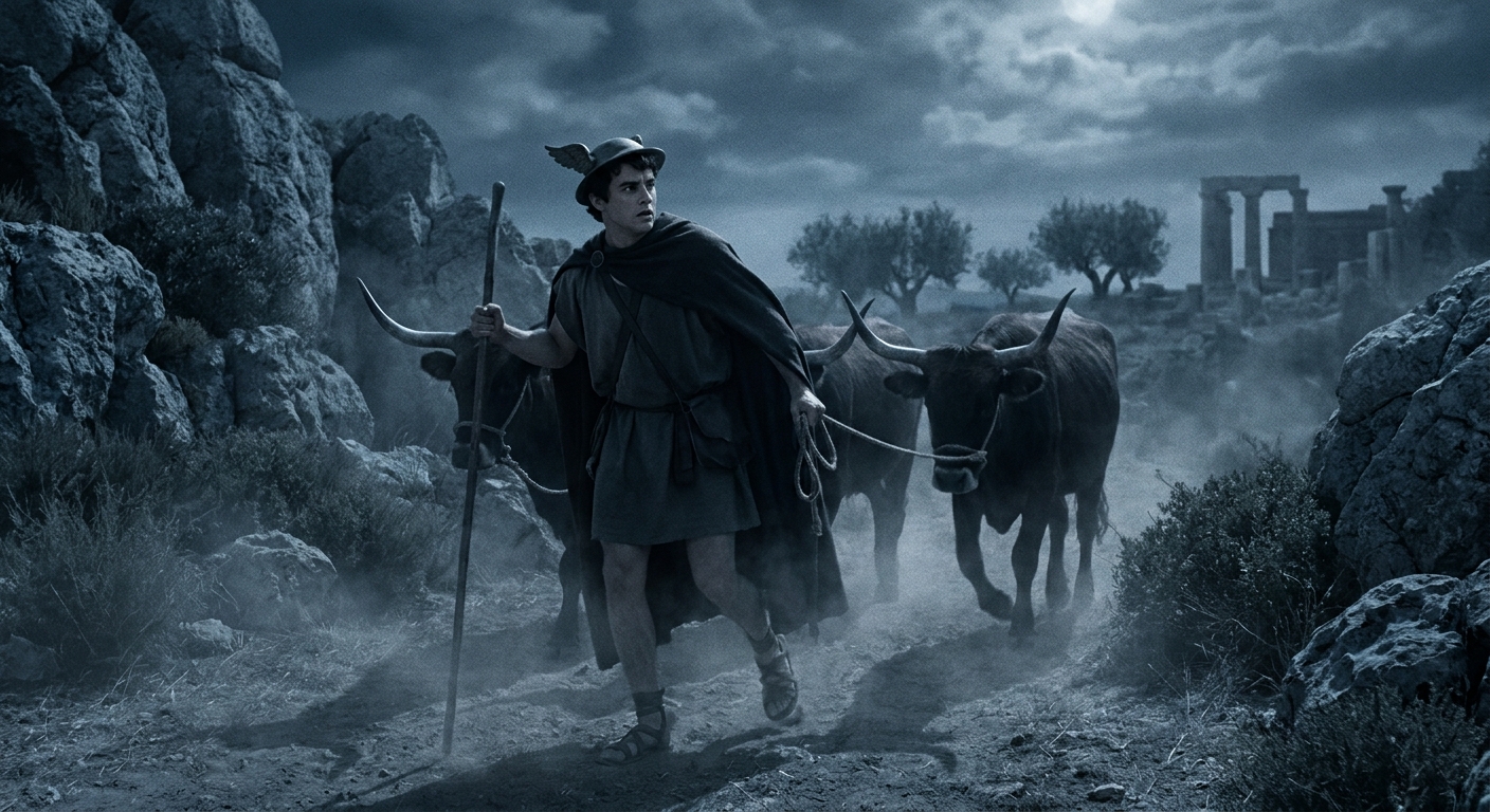 Hermes as a youthful god moving stealthily at night, guiding a small herd of cattle through rocky Arcadian terrain, moonlight and mist, visible hoofprints in dust, tense cinematic composition, ancient Greek setting