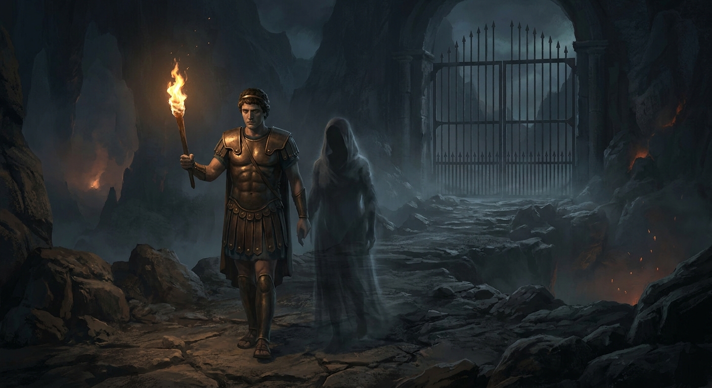 Hermes as psychopomp at an underworld threshold, holding a torch and guiding a shadowy adult soul along a rocky path toward distant gates, solemn expression, bronze and darkness, cinematic myth realism