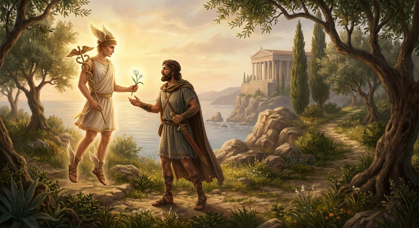 Hermes handing Odysseus the moly herb on a wooded path near Circe’s palace, Odysseus in travel-worn ancient Greek clothing with a sword, warm dawn light and sea cliffs in the distance