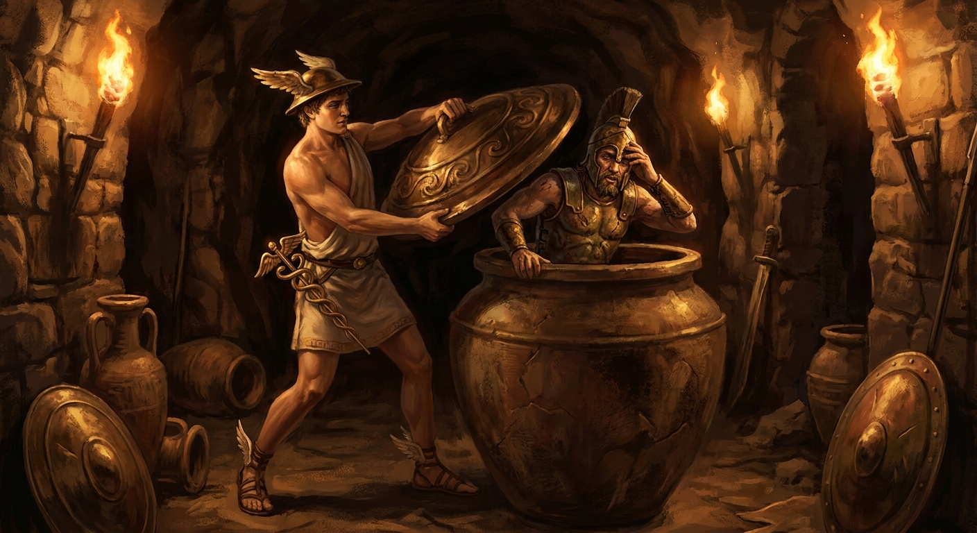 Hermes in a torchlit cave lifting the lid of a bronze jar to free Ares, Ares emerging battered in bronze armor, underworld-like shadows and dramatic warm light