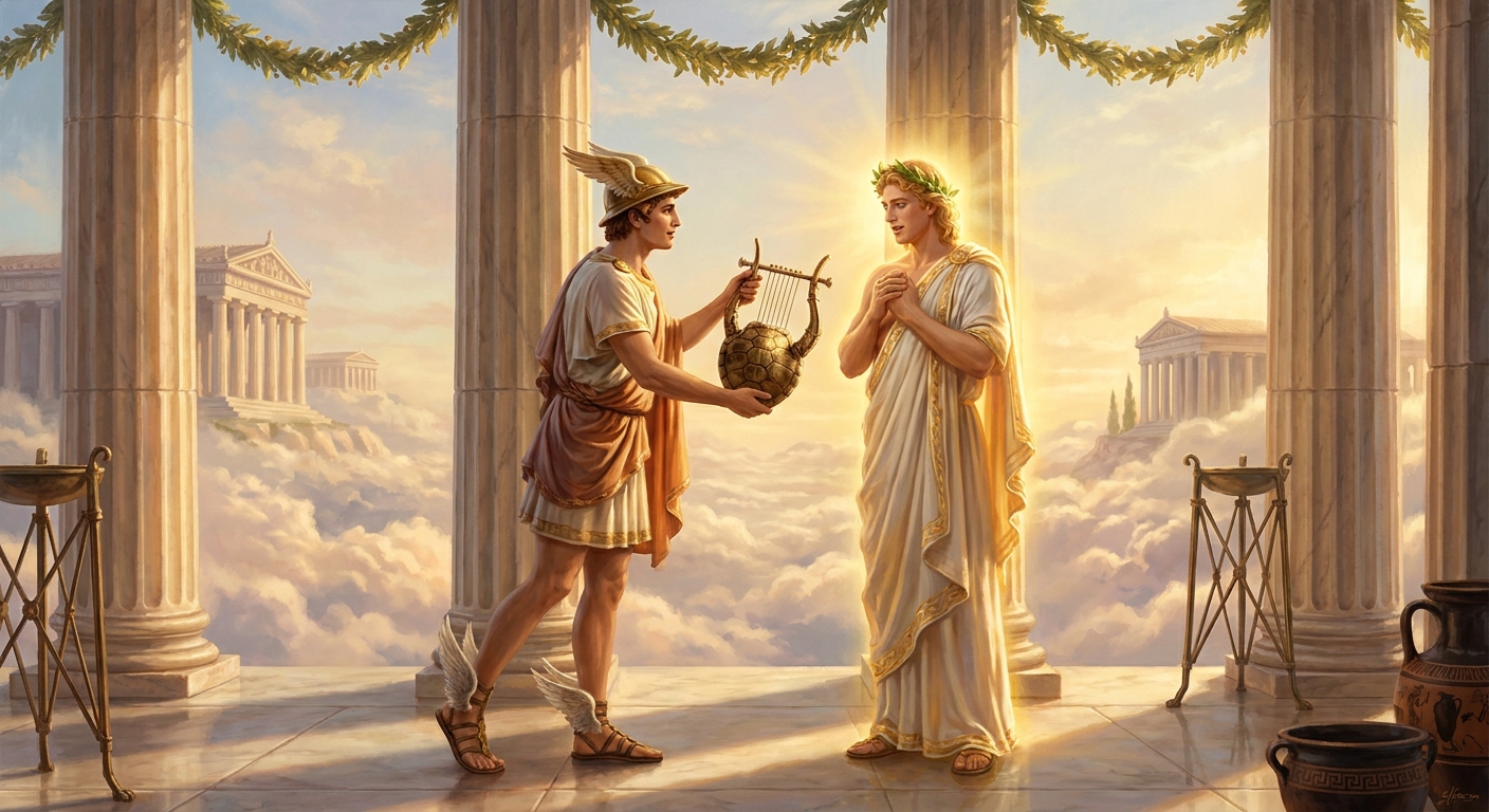 Hermes offering Apollo a newly made lyre in a marble colonnade on Olympus, Apollo glowing with admiration, warm golden light and laurel leaves, ancient Greek himations