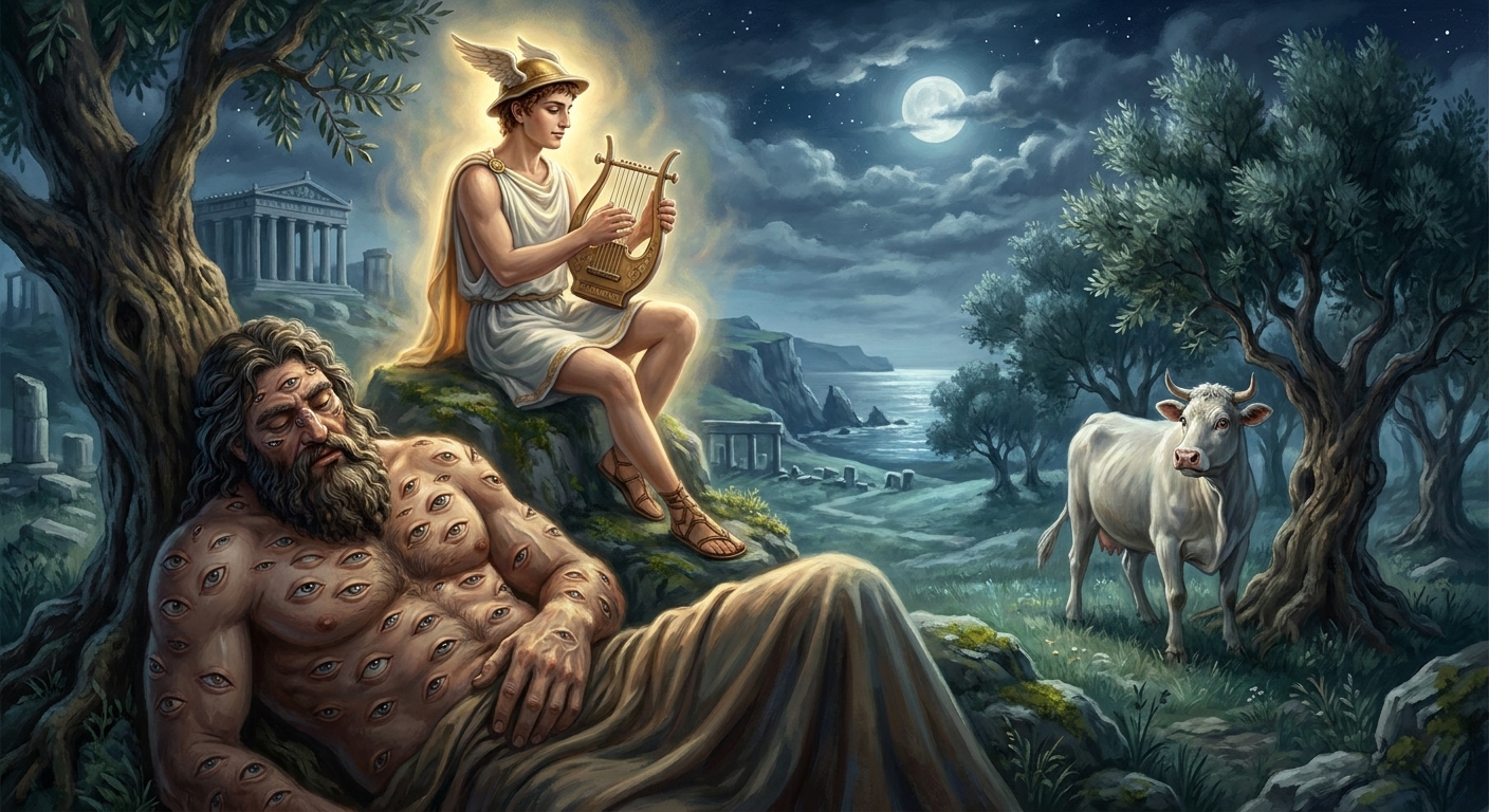 Hermes seated in a moonlit pasture playing music to lull Argus Panoptes, the many-eyed giant, into sleep while Io the heifer waits anxiously near olive trees, ancient Greek pastoral setting
