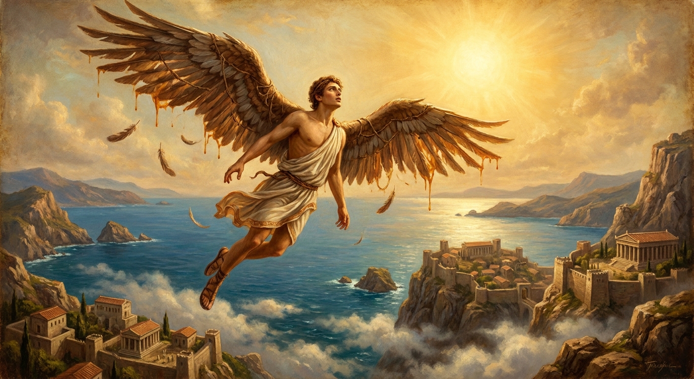 Icarus soaring high over the Aegean Sea with feathered wings beginning to fray and wax softening in bright sunlight, clouds and sea cliffs below, ancient mythic atmosphere, dramatic painterly realism