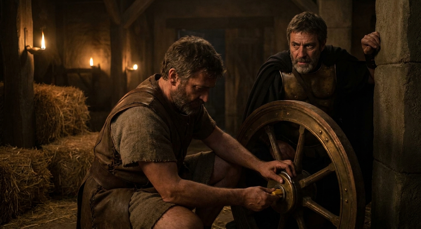 In a dim stable lit by oil lamps, Myrtilus crouches beside a bronze chariot wheel, secretly swapping iron linchpins for wax ones while Pelops watches from the shadows, tense faces and conspiratorial eye contact, cinematic Greek myth realism
