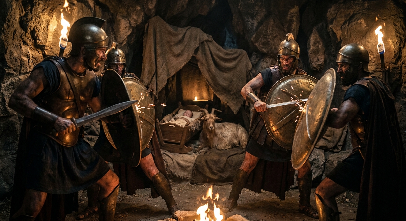 Inside a Cretan cave lit by firelight, armored Curetes dancers clash bronze shields while a hidden infant Zeus rests in the shadows near a calm goat, tense protective atmosphere, cinematic myth drama realism