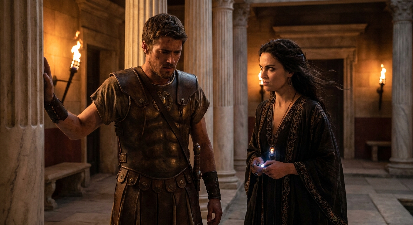 Jason and Medea as adult lovers turned enemies in a torchlit Corinthian palace courtyard, Jason in travel-worn armor looking conflicted, Medea in dark flowing robes staring with controlled fury, dramatic shadows and marble columns