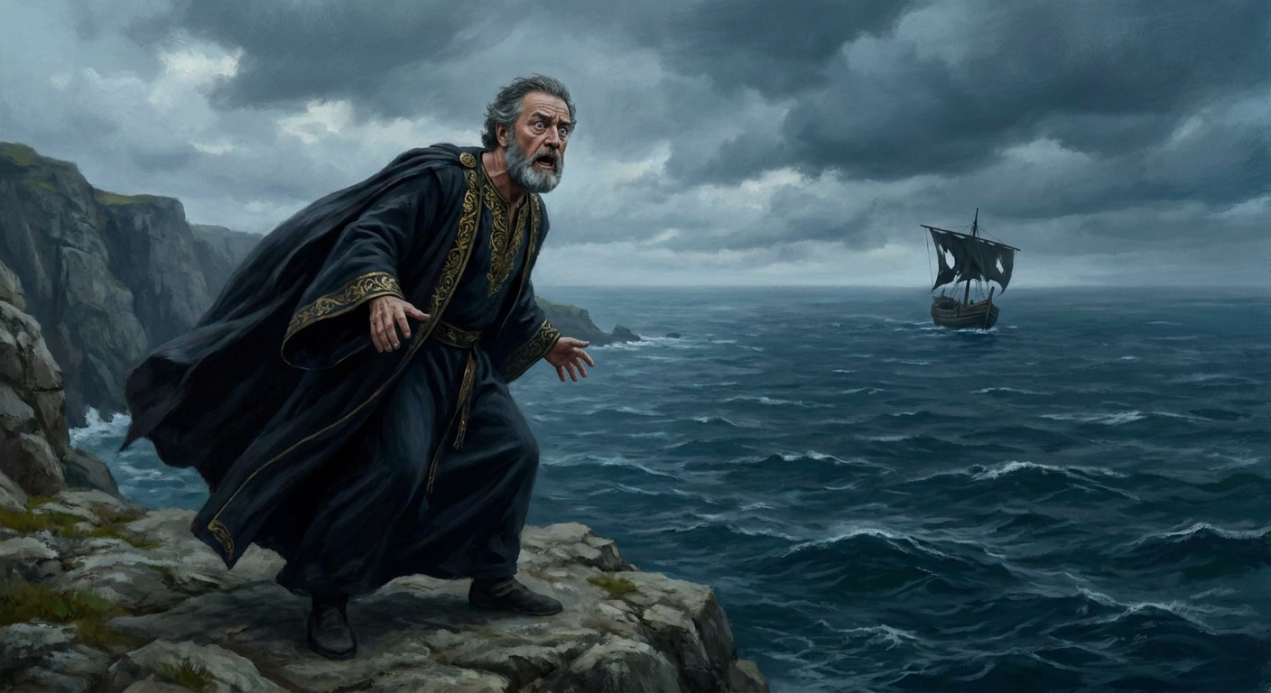 King Aegeus, an adult man in royal Greek robes, standing on a high sea cliff above dark water, staring in horror at a distant ship with black sails, stormy sky and wind whipping his cloak, cinematic tragedy, painterly realism