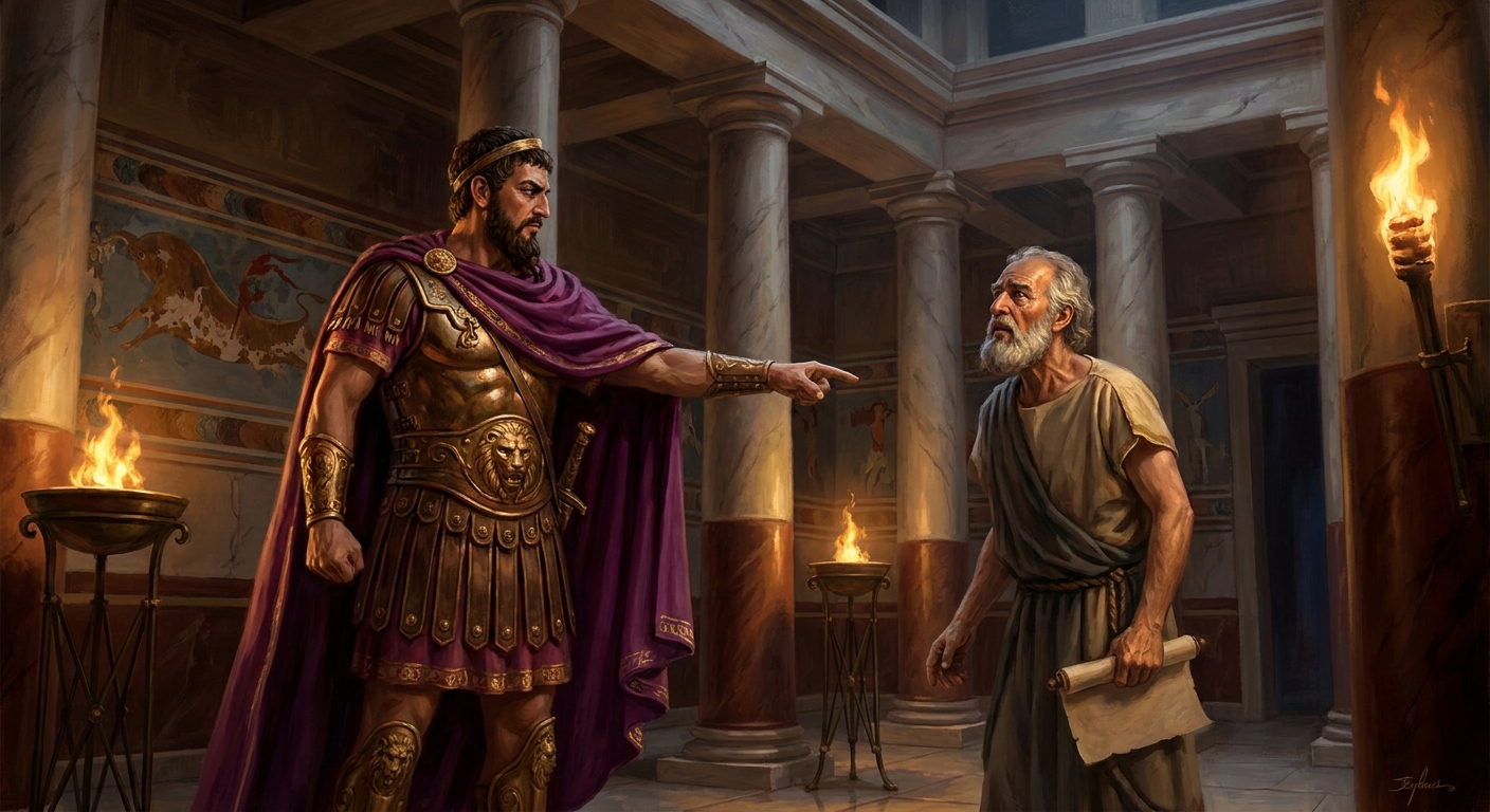 King Minos in bronze armor and royal cloak confronting Daedalus inside a marble-columned Cretan palace, torchlight and shadows suggesting confinement, ancient Greek setting, dramatic tension