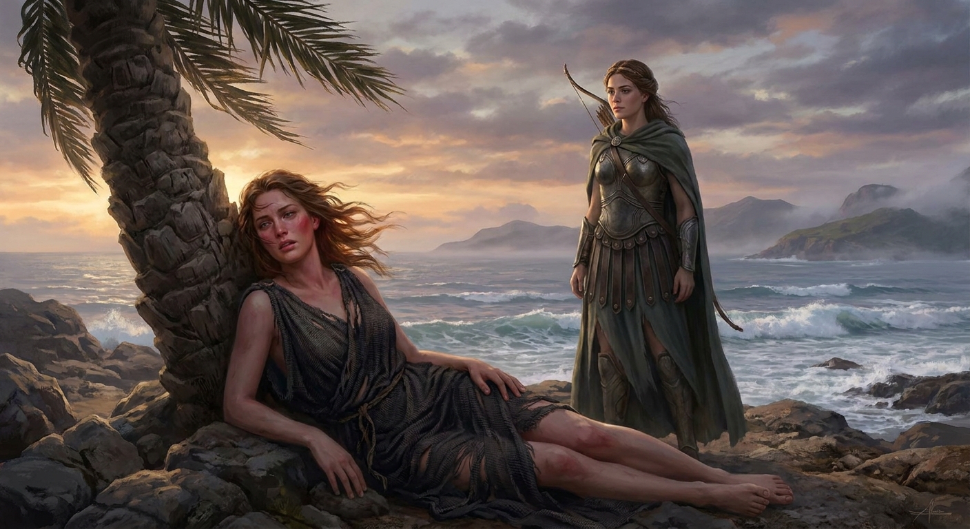 Leto, an adult goddess exhausted and determined, laboring beneath a windswept palm on the rocky shore of Delos at dawn, with Artemis nearby as a calm protector, the Aegean sea behind them and distant islands in mist, cinematic painterly realism