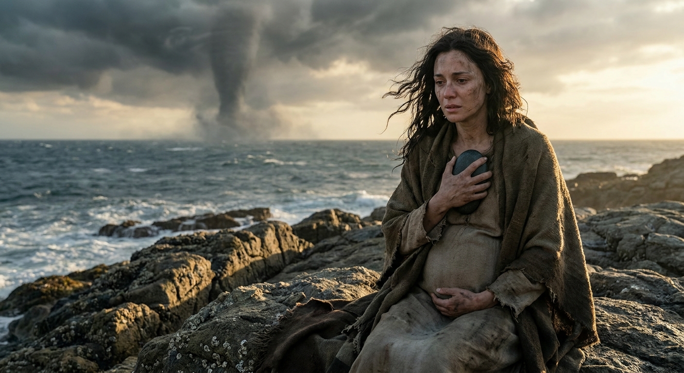 Leto, unmistakably adult, exhausted and pregnant on the rocky shore of Delos at dawn, clutching a stone as waves break nearby, while a distant towering presence suggests Hera’s wrath in storm clouds above the Aegean, cinematic realism, dramatic light