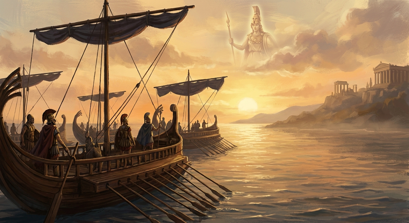 Long wooden ancient-style warships on a calm sea at sunrise, oars extended and sails furled, distant coastline fading into haze, realistic photography
