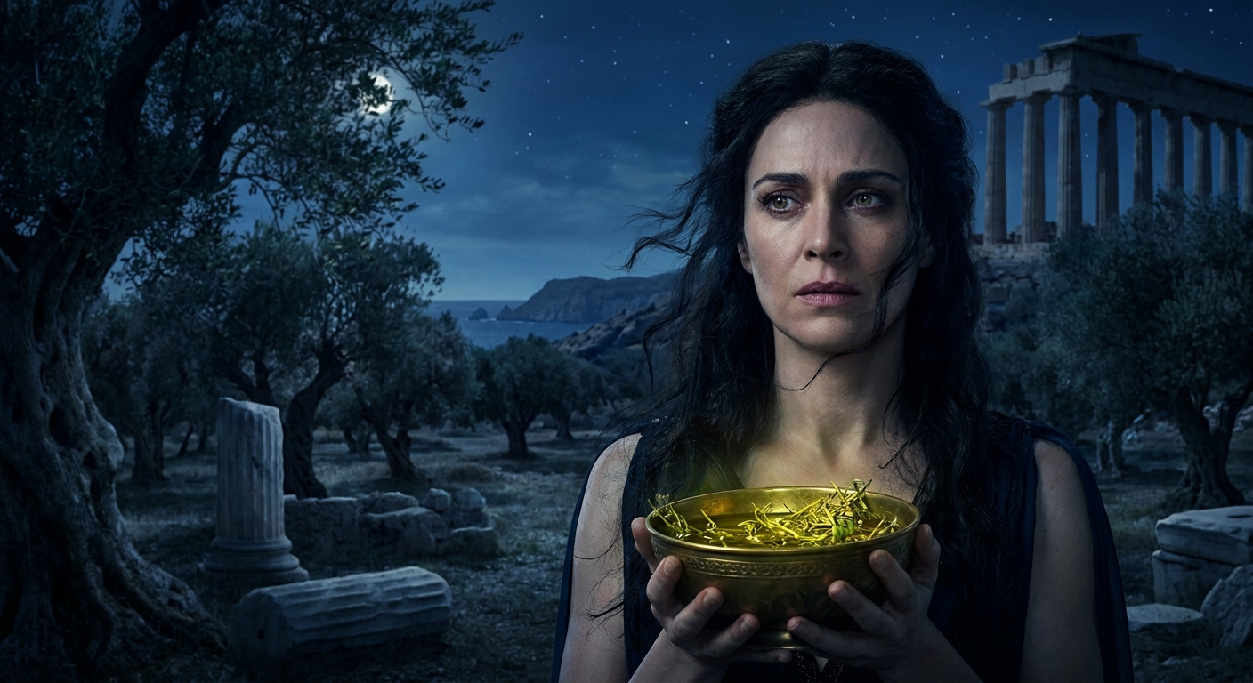 Medea, an adult woman with intense eyes and dark hair, standing in a moonlit sacred grove near a temple in Colchis, holding a small bronze bowl of glowing herbs and oil, her expression torn between desire and dread