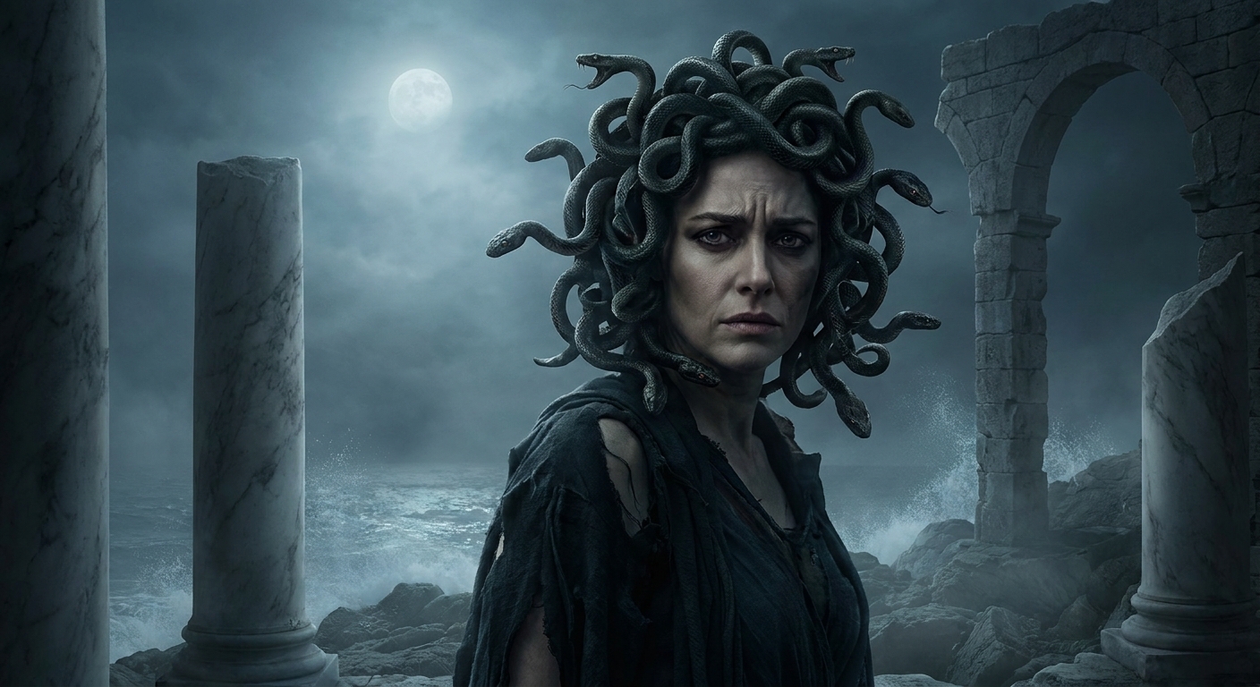 Medusa, an adult woman with serpents for hair and a sorrowful, furious gaze, stands in a shattered temple lit by moonlight; marble columns and sea-salt air suggest the coast, her expression both dangerous and deeply human, cinematic painterly realism