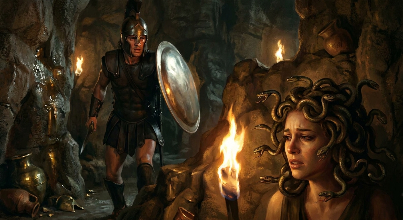 Medusa in a shadowed sea cave with serpent hair coiling in torchlight as Perseus approaches using a reflective shield to avoid her gaze, tension and tragedy in their faces, cinematic Greek myth realism