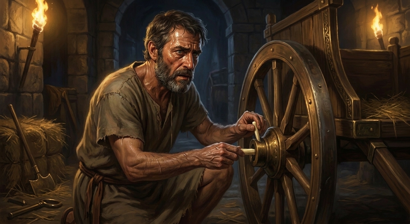 Myrtilus crouched beside a bronze chariot wheel at night, secretly fitting pale wax linchpins with trembling hands while torchlight flickers across his face, tension and betrayal in an ancient Greek palace stable