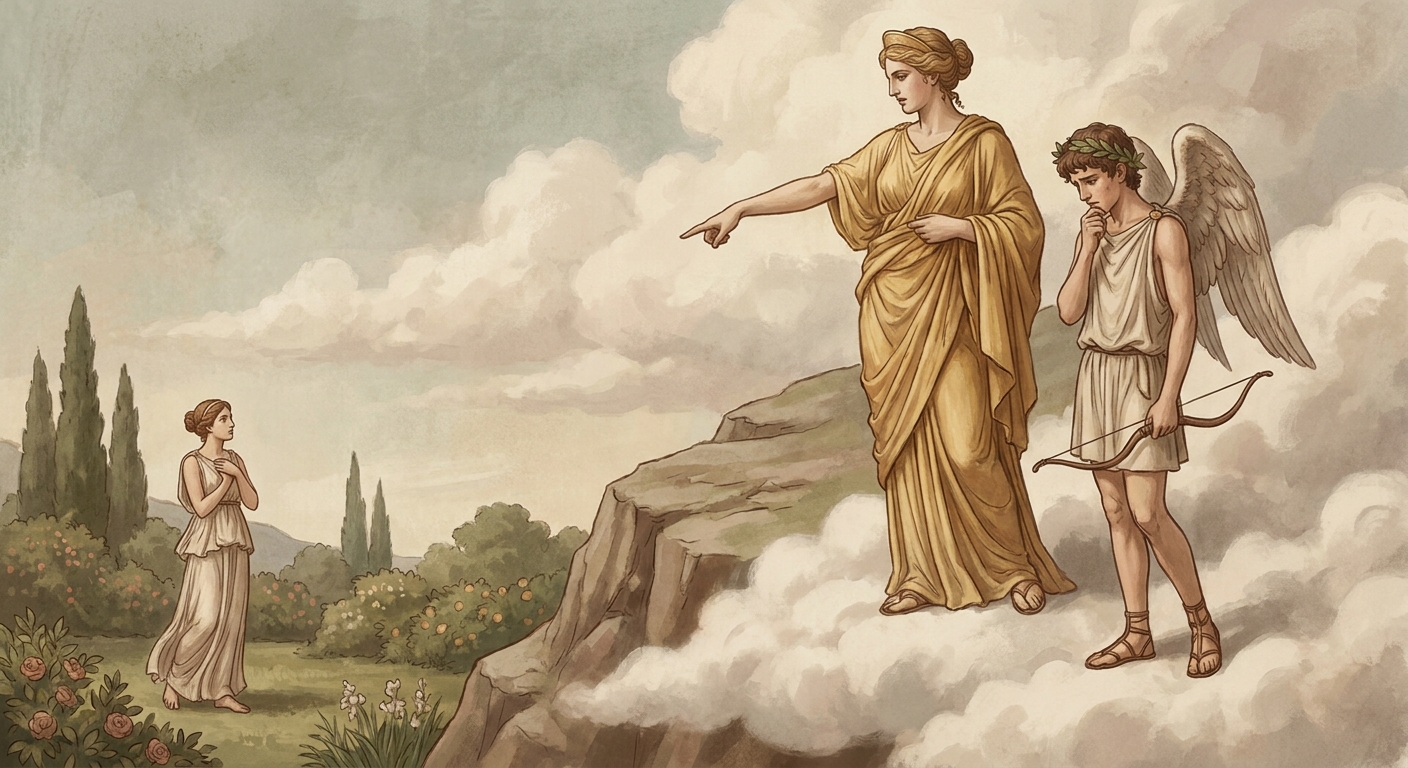 Mythic scene with Aphrodite commanding Eros, gesturing toward Psyche below, while Eros hesitates with bow lowered, signaling conflict between duty and desire.
