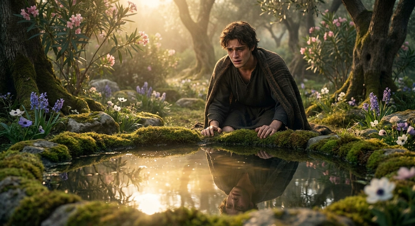Narcissus in a sacred forest glade at dawn, kneeling at a still spring and staring at his reflection with obsession and despair, soft divine light on water, laurel and wildflowers around him, cinematic realism