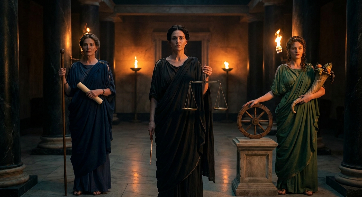 Nemesis standing between Dike and Tyche in a torchlit marble hall, Nemesis calm and stern holding scales and a measuring rod, Dike dignified with a staff and scroll, Tyche poised with a cornucopia and a subtle wheel motif, cinematic myth drama style, dramatic contrast lighting