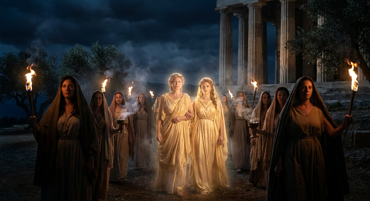 Nighttime sacred procession near Eleusis with adult priestesses carrying torches, Persephone and Demeter depicted as luminous adult goddesses among them, smoke from offerings drifting upward, ancient Greek temple architecture, cinematic low light, painterly realism