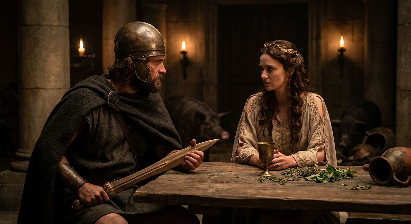 Odysseus, an adult Greek hero with a bronze sword and travel-worn cloak, confronting Circe in her candlelit palace as his enchanted men appear as swine in the shadows, tense eye contact, dramatic cinematic lighting, painterly realism