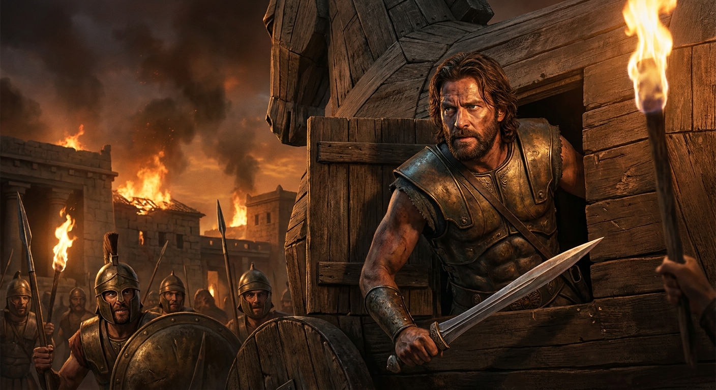 Odysseus emerging from the opened wooden horse under torchlight, adult soldiers close behind him, his expression hard and calculating, smoke and burning rooftops in the distance, cinematic painterly realism, ancient Troy at night
