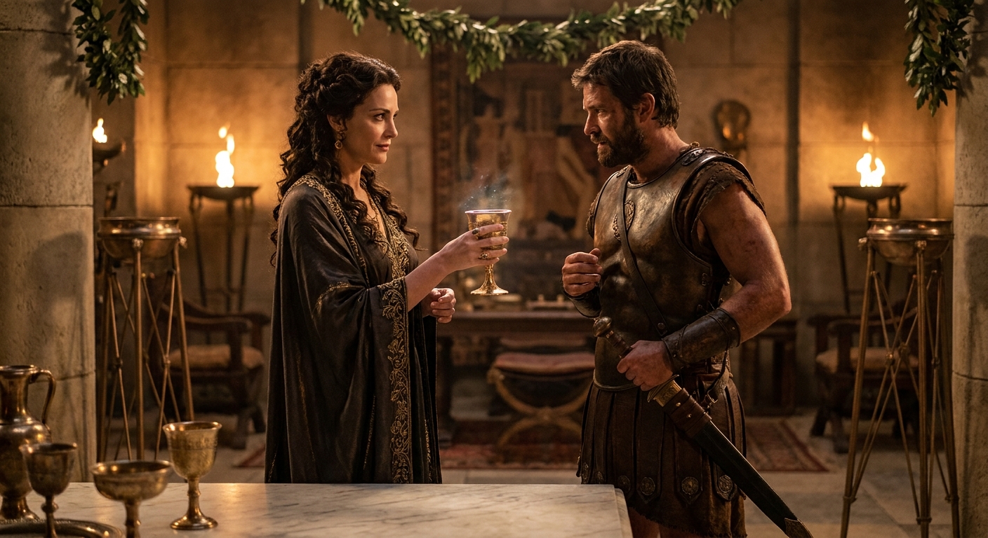Odysseus facing Circe in her torchlit palace, Circe an unmistakably adult woman with regal poise and dangerous beauty, golden goblet in hand, Odysseus holding a sword but hesitating, enchanted atmosphere with laurel and bronze, cinematic realism