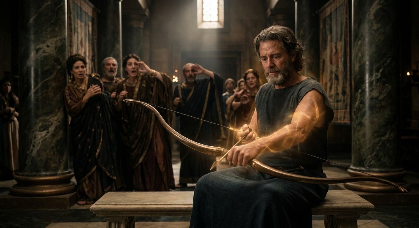 Odysseus in a dim great hall stringing the legendary bow, his posture calm and lethal, suitors recoiling in shock, a faint divine glow in the air, bronze and marble surroundings, cinematic myth drama with tense expressions