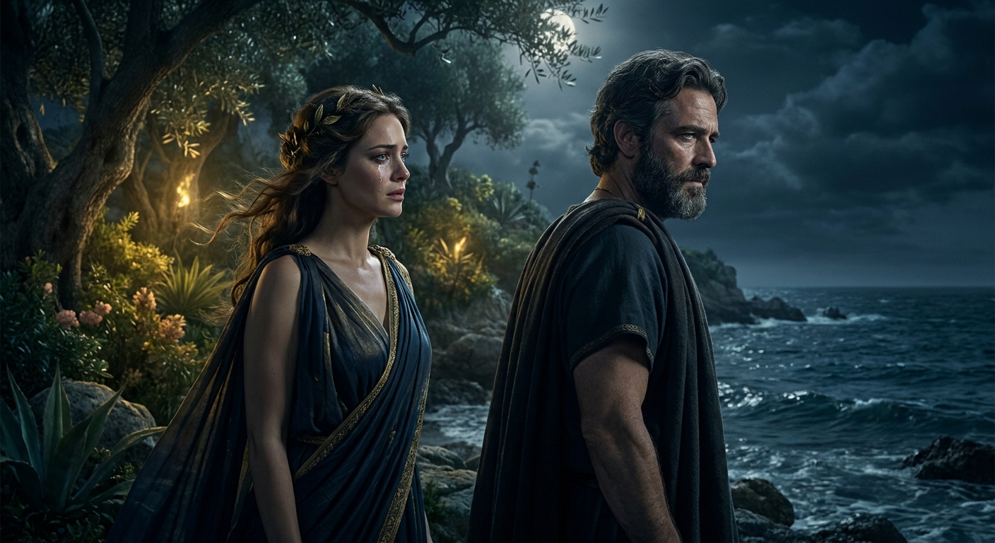 Odysseus on a moonlit shore beside Calypso, both unmistakably adult, Calypso’s expression caught between longing and resentment, Odysseus looking toward the dark sea with grief and resolve, lush island greenery and divine glow, cinematic realism
