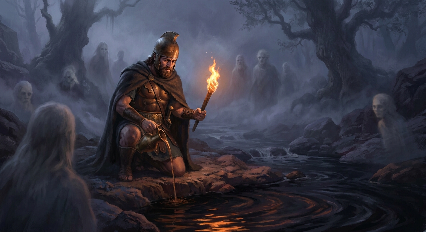 Odysseus performing a solemn Underworld ritual at a shadowy riverbank, dark water reflecting torchlight, pale shades gathering in the mist, Odysseus’ face strained with grief and determination, ancient Greek armor and cloak, cinematic painterly realism