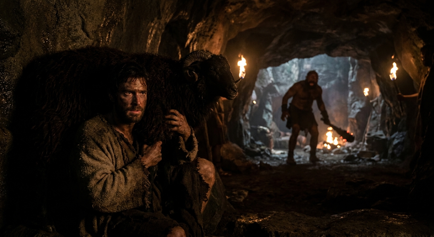 Odysseus, tense and blood-streaked, clinging under a massive ram as he escapes the Cyclops cave, Polyphemus blinded and raging in the background, torchlight and deep shadows, cinematic realistic myth drama