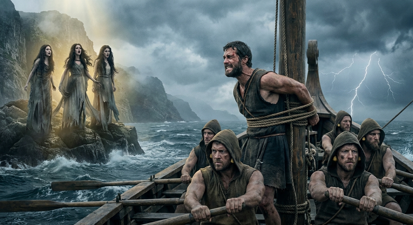 Odysseus tied to a ship’s mast as the Sirens sing from jagged sea rocks, his expression torn between agony and longing, crew rowing with wax in their ears, stormy Aegean light, cinematic realism with dramatic contrast