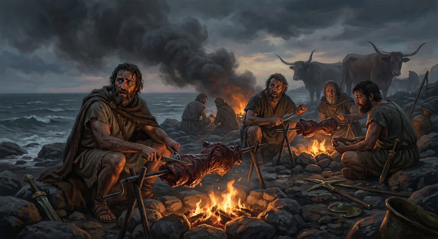 Odysseus’s adult crew on the shore of Thrinacia at dusk, desperately slaughtering sacred cattle while dark omens gather, meat sizzling on spits with unnatural smoke, terrified faces lit by firelight, the sea behind them tense and storm-bound, cinematic myth realism