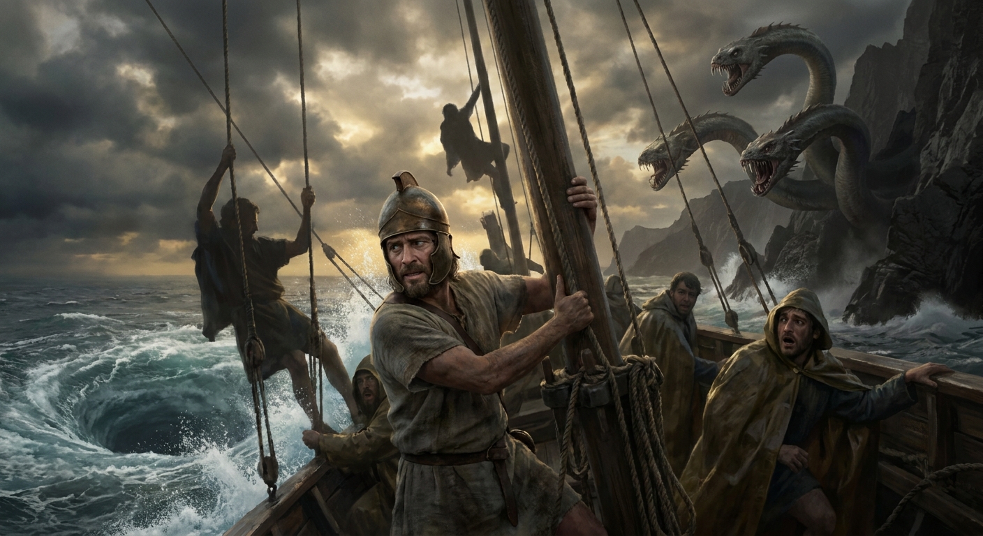 Odysseus’s ship squeezed through a narrow strait as Scylla’s six heads lunge from jagged cliffs on one side and Charybdis churns a massive whirlpool on the other, sea spray and stormlight framing desperate sailors, cinematic Greek myth realism