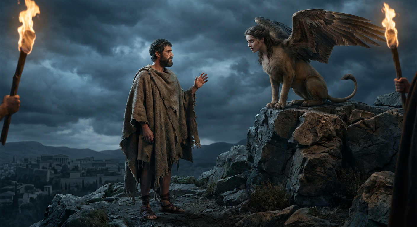 Oedipus, an adult Greek hero in travel-worn cloak, standing before a winged Sphinx perched on a stone outcrop, his face calm but tense as he speaks the answer, torchlight and storm clouds over Thebes, cinematic painterly realism
