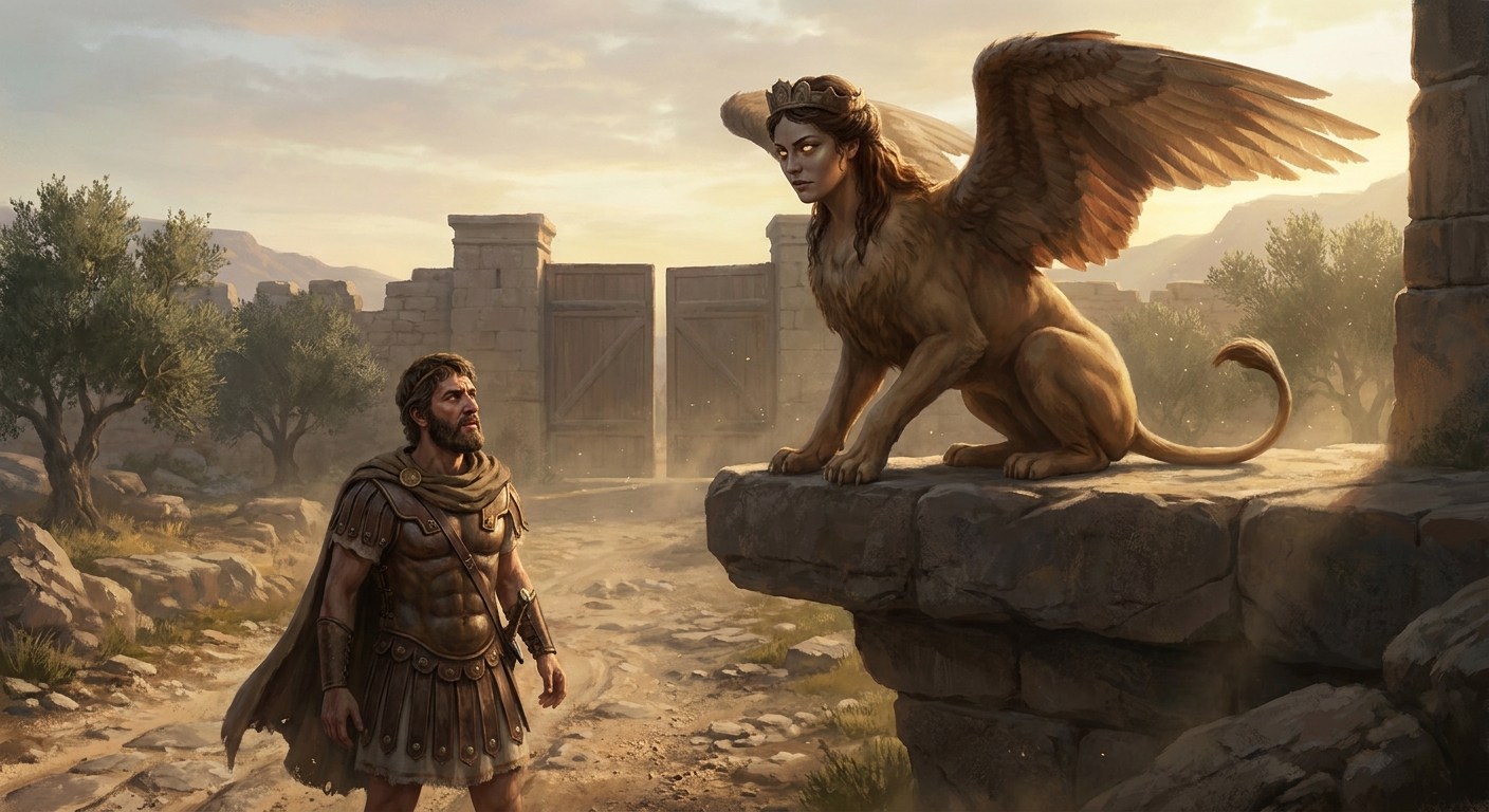 Oedipus standing on a rocky road before the gates of Thebes facing the Sphinx perched like a queen on a stone ledge, her lion body tense and wings half-spread, dawn light catching dust and fear, cinematic Greek myth realism