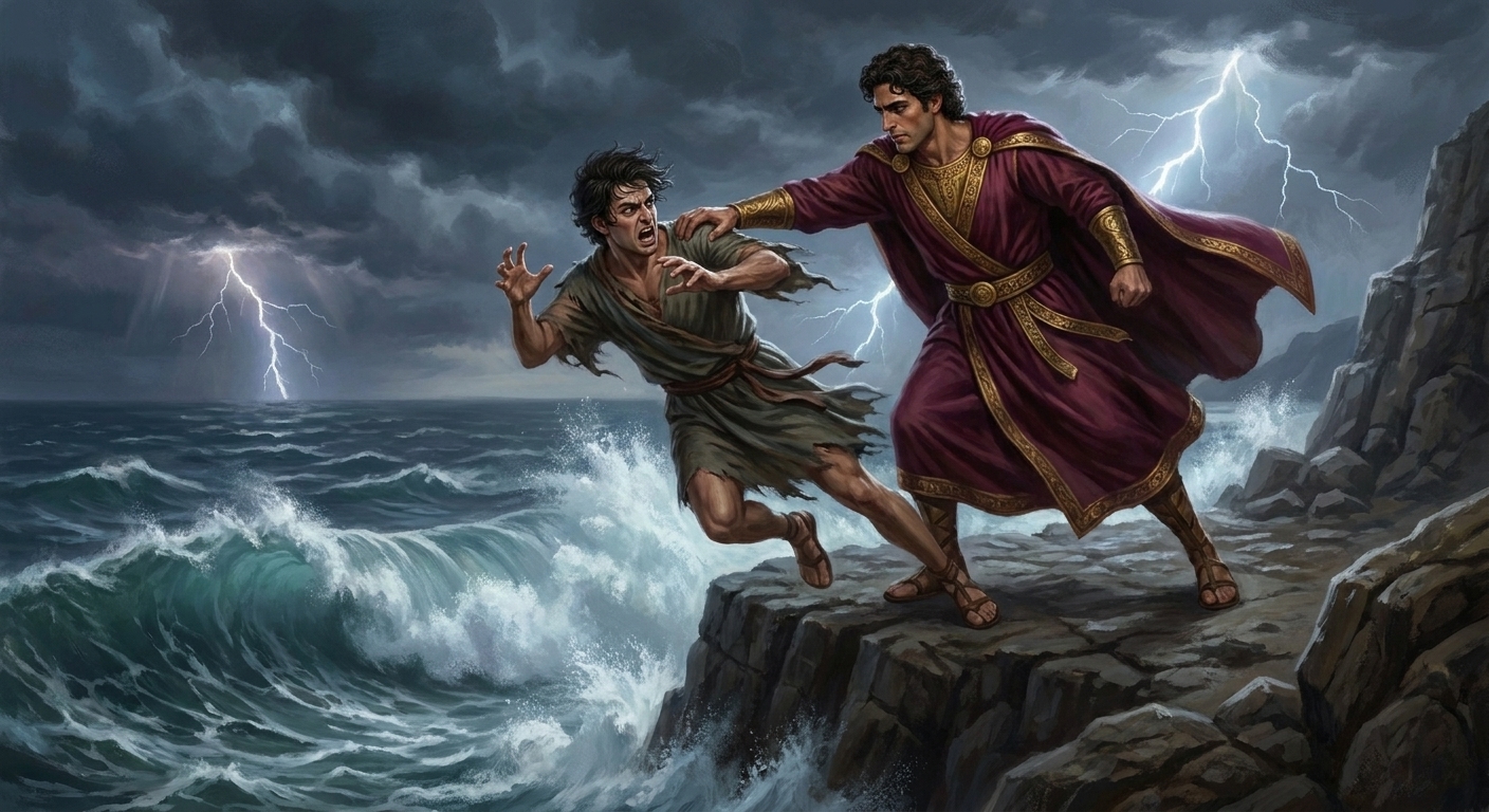 On a stormy sea cliff under darkening sky, Pelops in wind-tossed royal garments shoves Myrtilus over the edge as Myrtilus twists back with fury and despair, waves crashing far below, cinematic and tragic