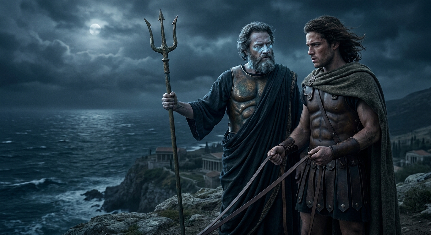 On a wind-lashed sea cliff above dark waves, Poseidon grips a bronze trident while Pelops stands beside him holding chariot reins, their expressions charged with divine favor and tension, dramatic moonlit clouds, cinematic painterly realism