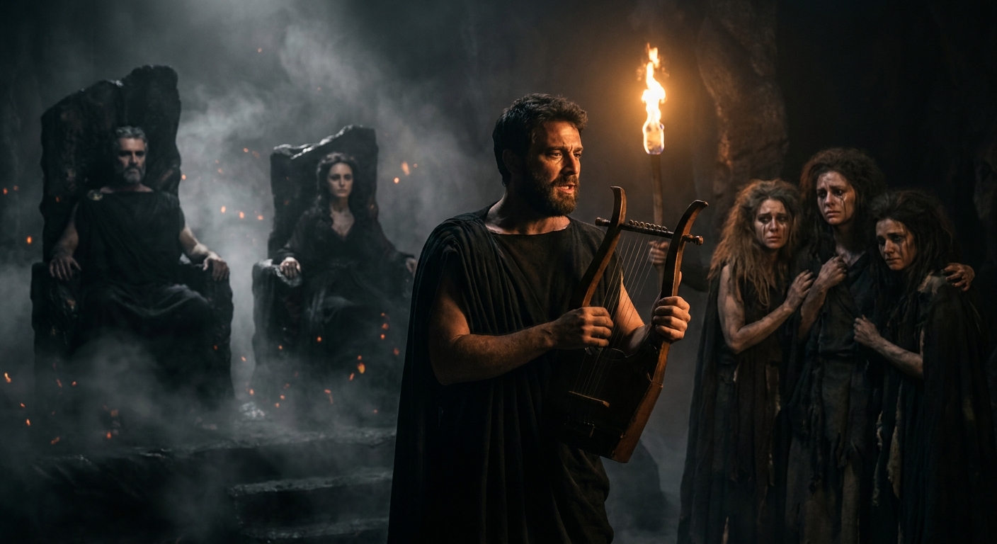 Orpheus, an adult Greek musician with a lyre, singing before Hades and Persephone seated on shadowed thrones in the Underworld; faint torches and underworld mist, the Furies nearby with tear-streaked faces, dramatic chiaroscuro lighting