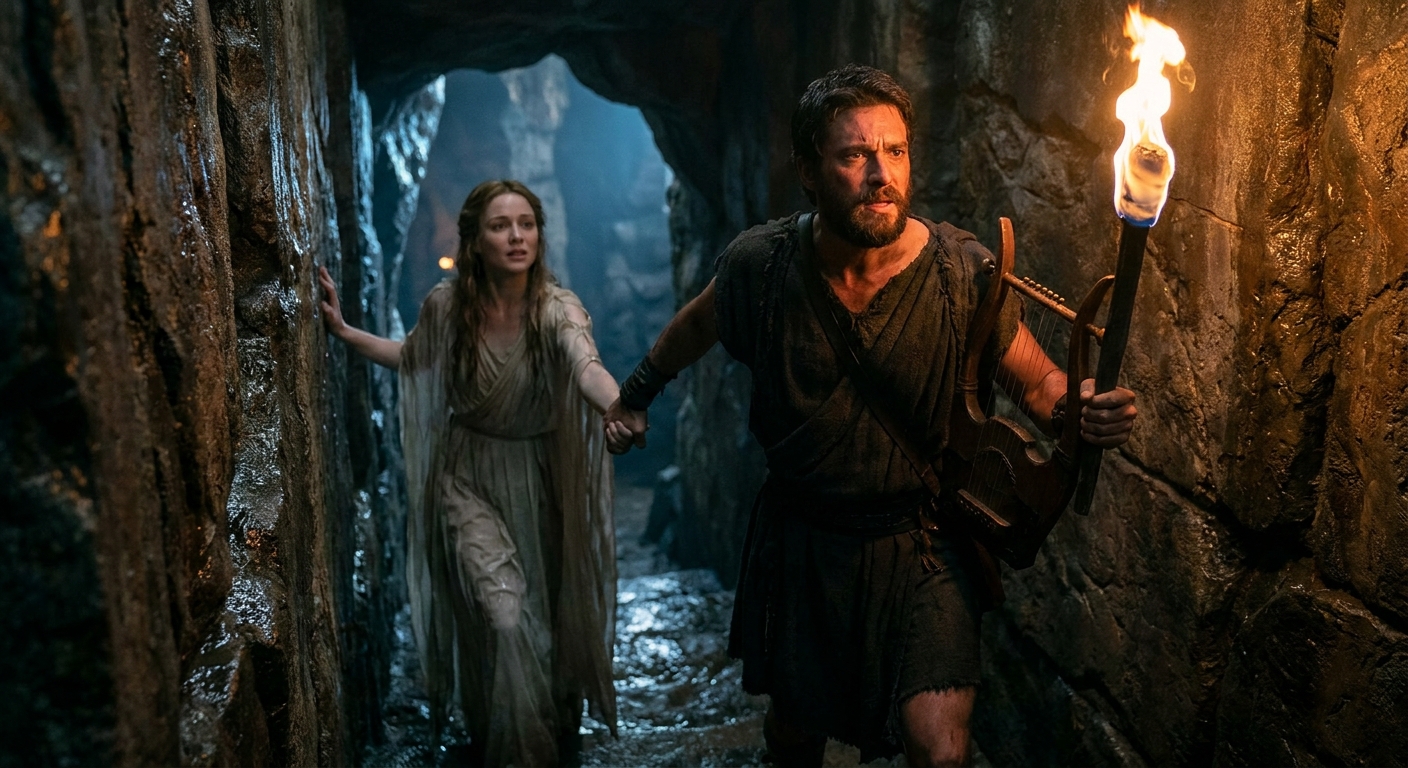 Orpheus, an adult Greek poet with a lyre, leading Eurydice up a shadowy stone passage from the Underworld, torchlight catching on wet rock, Eurydice following just behind in pale robes, their hands almost touching, intense tension in Orpheus’s face as he fights the urge to look back, cinematic painterly realism