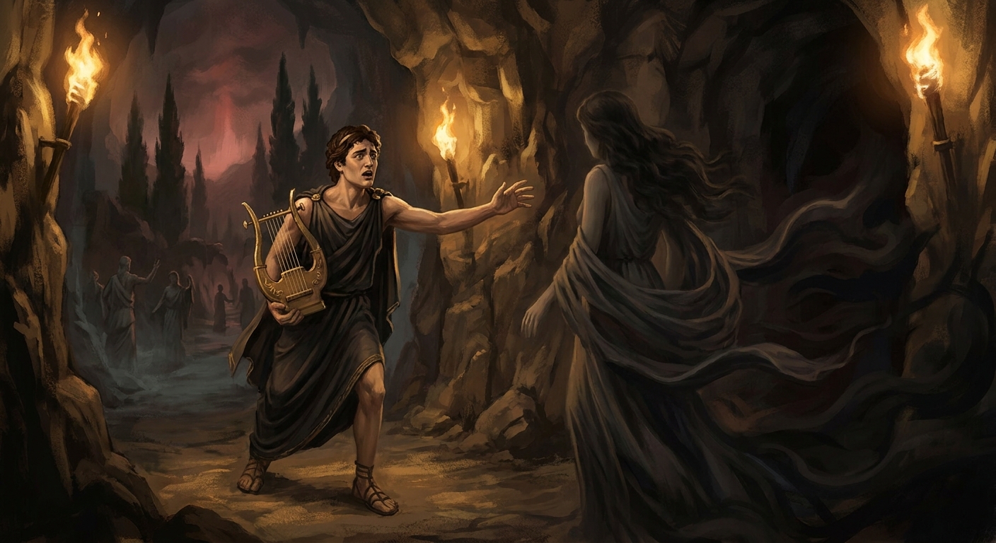 Orpheus in a dark Underworld passage lit by torchlight, holding a lyre while he reaches toward the adult Eurydice fading into shadow, with Hades' cavernous realm and cypress silhouettes behind them
