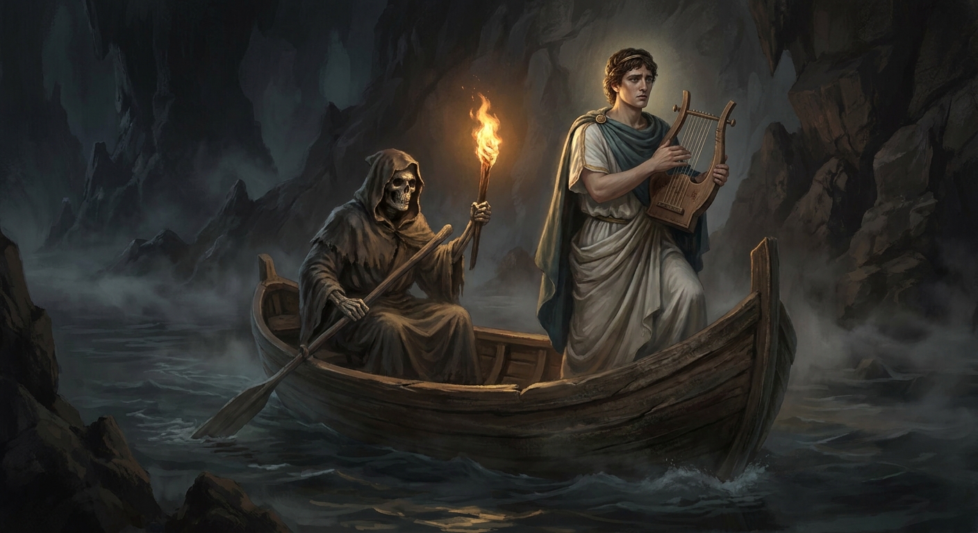 Orpheus standing in a small wooden boat on the River Styx as Charon rows, both lit by dim torchlight, mist rising from black water, Orpheus holding a lyre close to his chest, ancient Greek clothing and solemn Underworld atmosphere
